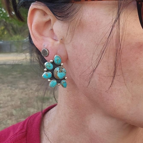 Turquiose Half Cluster Sterling Silver Earrings - Picture 2 of 2